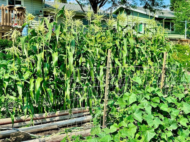 exterior details featuring fence and a vegetable garden