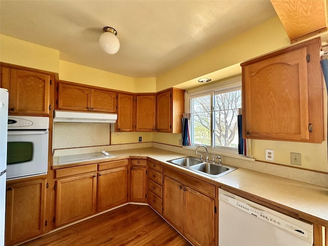 kitchen featuring dark wood-style flooring, white appliances, light countertops, under cabinet range hood, and a sink