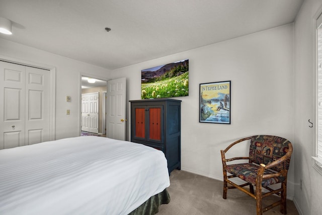 bedroom with carpet flooring, baseboards, and a closet