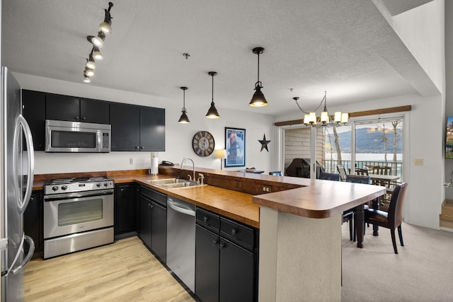 kitchen with a sink, a peninsula, a chandelier, dark cabinets, and stainless steel appliances