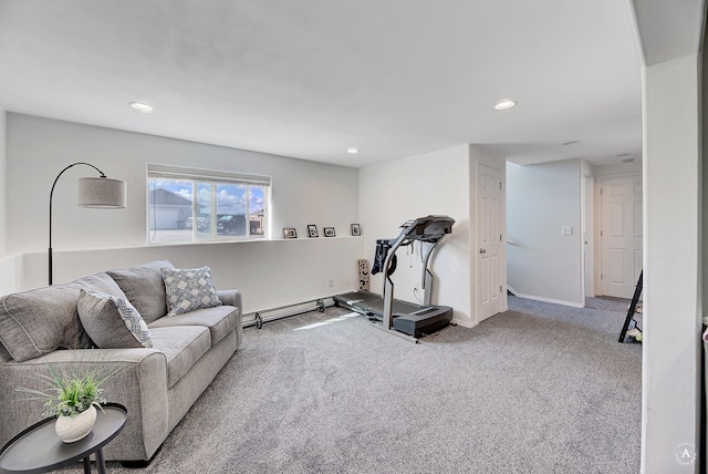 workout room featuring carpet floors, recessed lighting, and baseboards