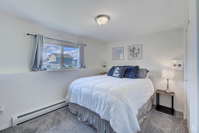 carpeted bedroom with baseboards and baseboard heating