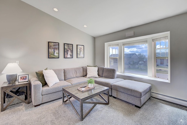 living room featuring baseboard heating, vaulted ceiling, recessed lighting, and light colored carpet