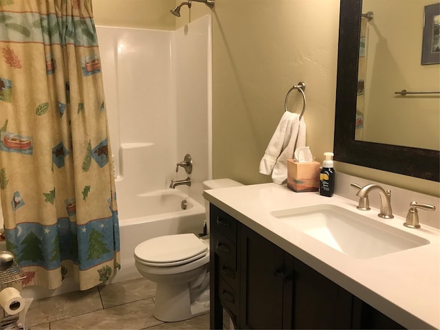 248 Forest Edge Trl, Kalispell, MT 59901 - bathroom with toilet, vanity, shower / bathtub combination with curtain, and tile patterned floors