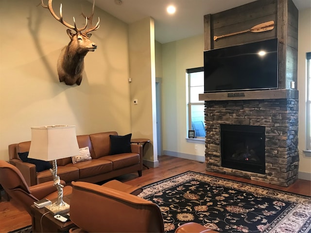 living area with baseboards, wood finished floors, and a stone fireplace
