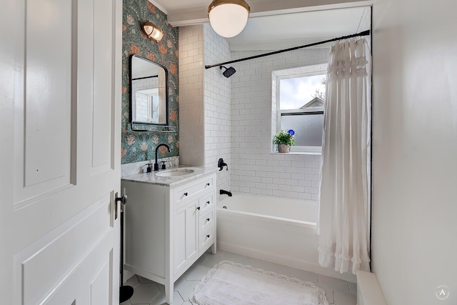 bathroom with shower / bath combo, tile patterned flooring, and vanity