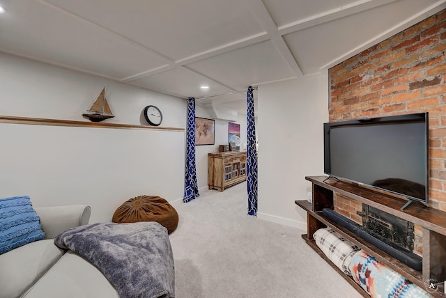 carpeted living room with recessed lighting, baseboards, and coffered ceiling