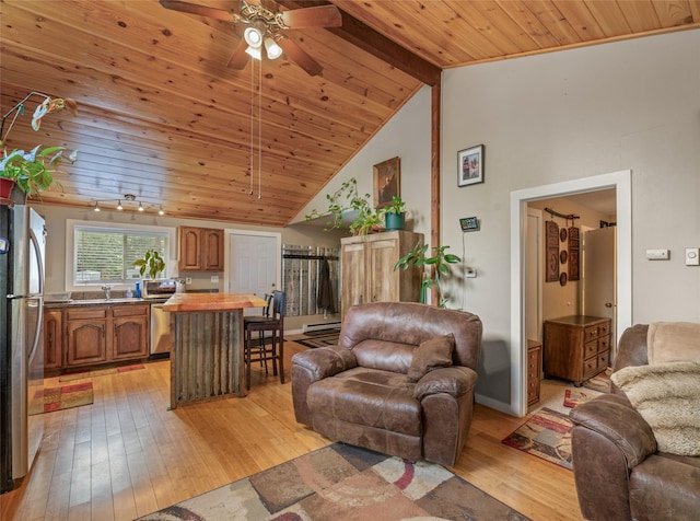 living area featuring a ceiling fan, lofted ceiling with beams, wood ceiling, and light wood-type flooring