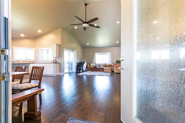 2626 Muirfield Ct, Missoula, MT 59808 - living area featuring high vaulted ceiling, a ceiling fan, dark wood finished floors, and recessed lighting