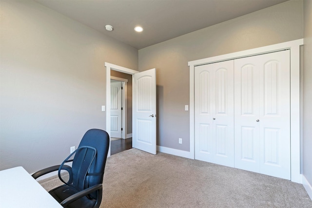 home office featuring baseboards, carpet flooring, and recessed lighting