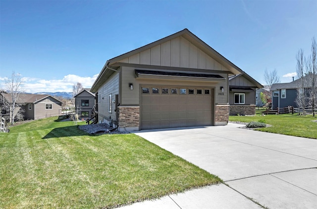 craftsman inspired home featuring an attached garage, board and batten siding, driveway, and a front yard
