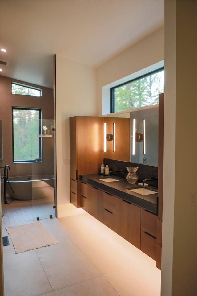 bathroom with a sink, a freestanding tub, tile patterned flooring, and plenty of natural light
