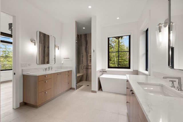 bathroom with a sink, a freestanding tub, a shower stall, and two vanities