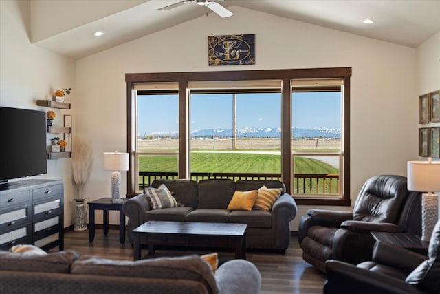 living area featuring a ceiling fan, recessed lighting, wood finished floors, and lofted ceiling