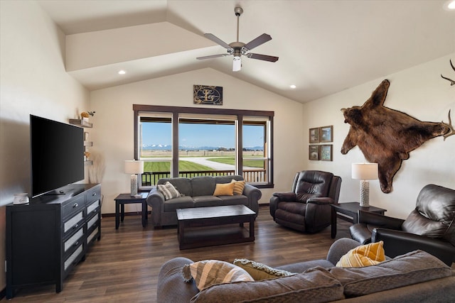 living area featuring recessed lighting, ceiling fan, lofted ceiling, and dark wood-style floors