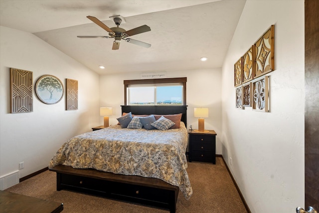 carpeted bedroom with a ceiling fan, baseboards, recessed lighting, lofted ceiling, and visible vents
