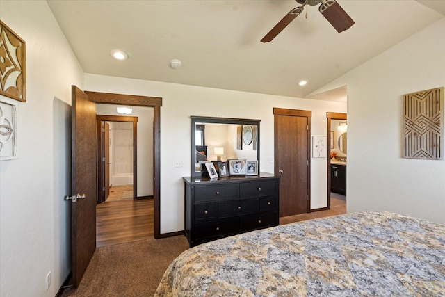 bedroom featuring carpet flooring, ceiling fan, recessed lighting, baseboards, and vaulted ceiling