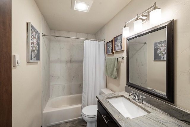 bathroom with toilet, shower / bath combo, and vanity