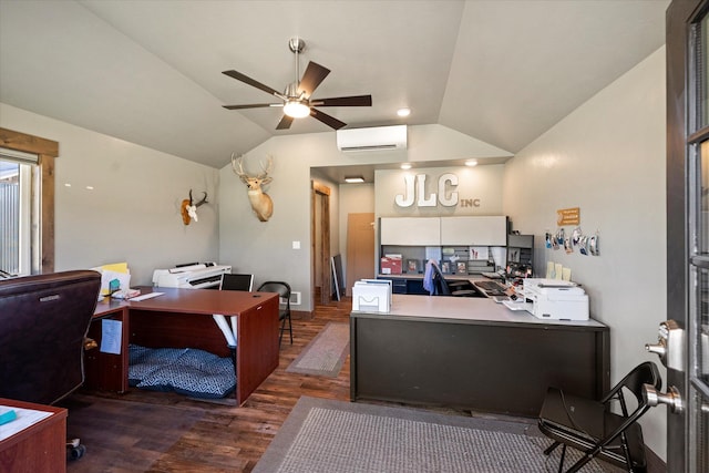 office space with ceiling fan, vaulted ceiling, wood finished floors, and a wall mounted air conditioner