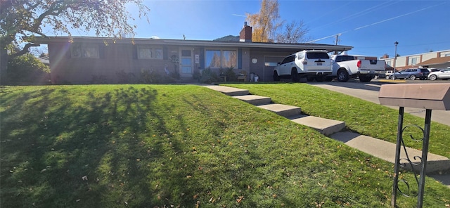 single story home with a chimney and a front lawn