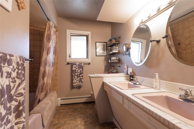 full bathroom featuring a baseboard radiator, plenty of natural light, toilet, and shower / bath combo with shower curtain