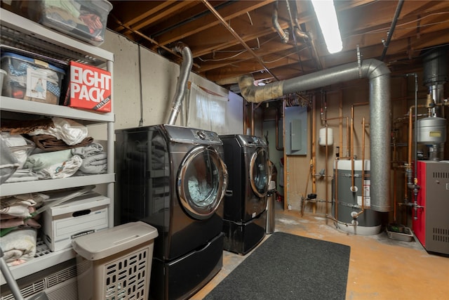 laundry room with water heater, washer and clothes dryer, and electric panel