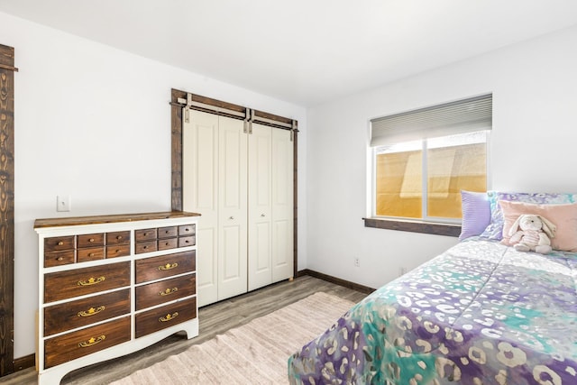 1521 Cheery Dr, Belgrade, MT 59714 - bedroom with a closet, a barn door, baseboards, and wood finished floors