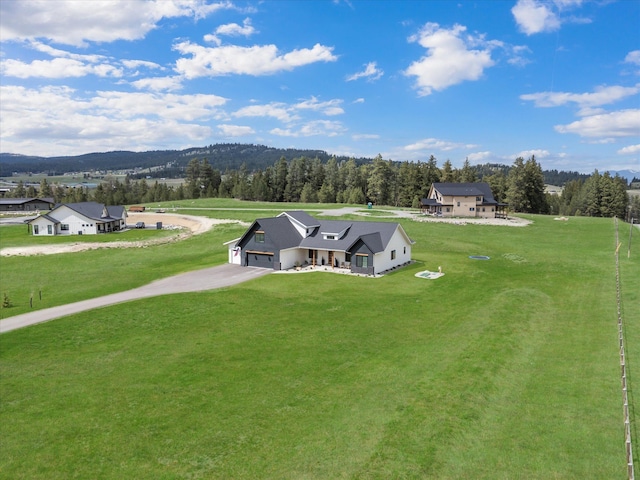 bird's eye view featuring a wooded view
