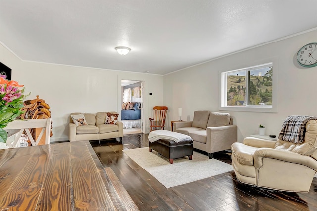 living room featuring dark wood-style flooring and ornamental molding