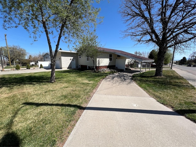 ranch-style home featuring driveway, a front yard, and a carport