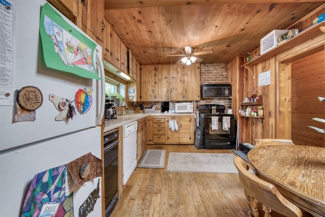 308 S 4th St, Hamilton, MT 59840 - kitchen featuring wood ceiling, a ceiling fan, light countertops, black appliances, and light wood finished floors