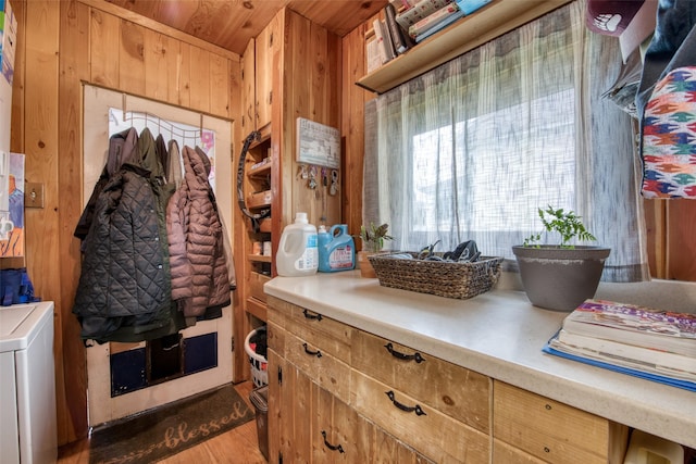 308 S 4th St, Hamilton, MT 59840 - mudroom with wooden walls, wooden ceiling, dark wood finished floors, and washer / clothes dryer
