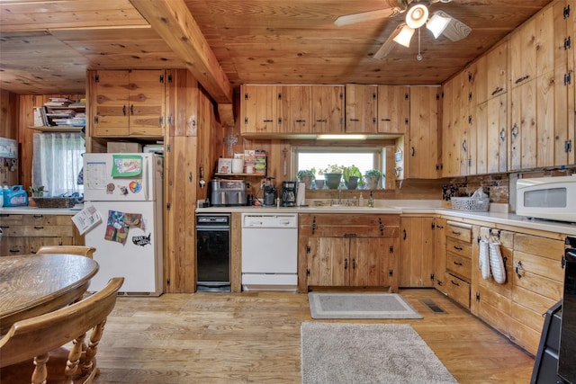 308 S 4th St, Hamilton, MT 59840 - kitchen featuring a sink, white appliances, light countertops, light wood-type flooring, and wood ceiling