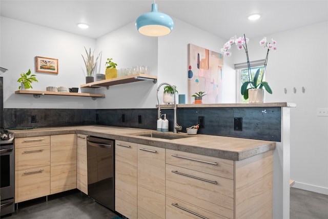 kitchen featuring a sink, light brown cabinetry, stainless steel appliances, and finished concrete floors