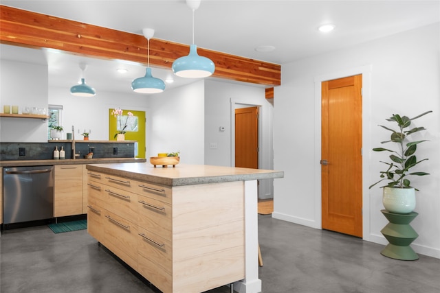 kitchen with stainless steel dishwasher, finished concrete flooring, modern cabinets, and a center island