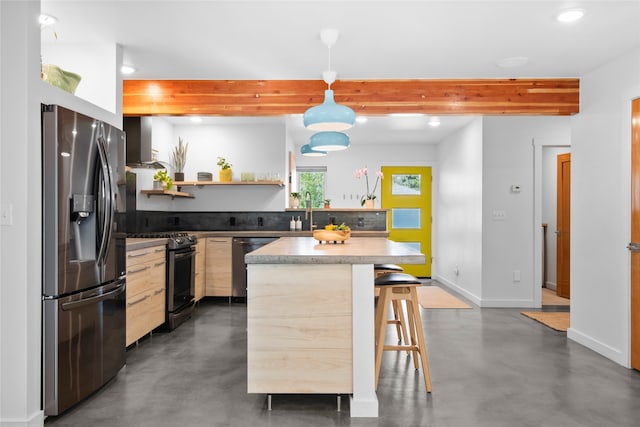 kitchen with open shelves, finished concrete flooring, beam ceiling, modern cabinets, and stainless steel appliances