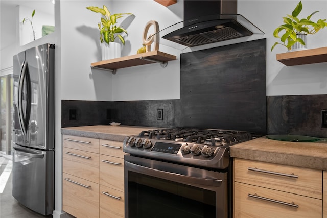 kitchen featuring stainless steel appliances, open shelves, extractor fan, and light brown cabinets