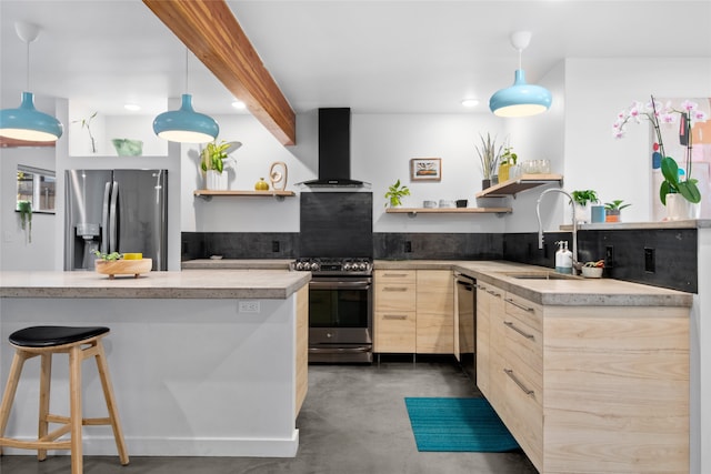 kitchen with finished concrete flooring, appliances with stainless steel finishes, open shelves, a sink, and wall chimney exhaust hood