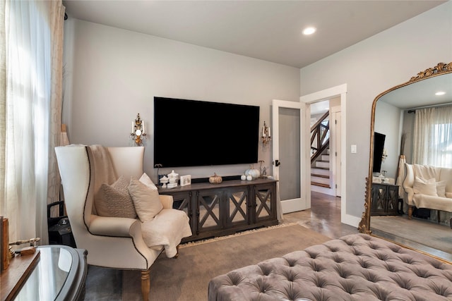 736 Cottonwood Ct, Whitefish, MT 59937 - living area featuring stairs, recessed lighting, and wood finished floors