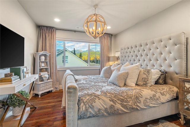 736 Cottonwood Ct, Whitefish, MT 59937 - bedroom with a chandelier, dark wood finished floors, and recessed lighting