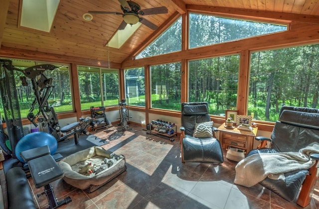 sunroom / solarium featuring tile patterned flooring, wood ceiling, and lofted ceiling with skylight