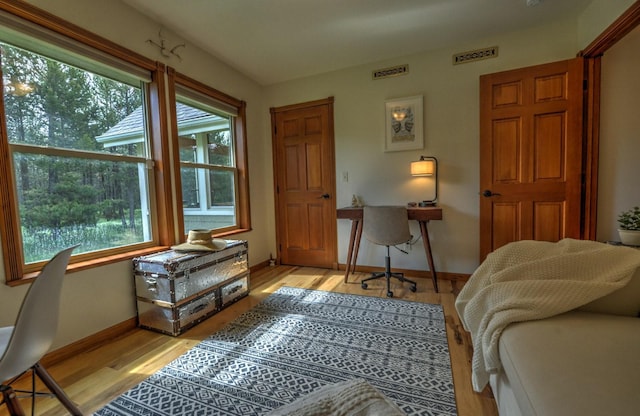 interior space with light wood-type flooring, baseboards, and multiple windows