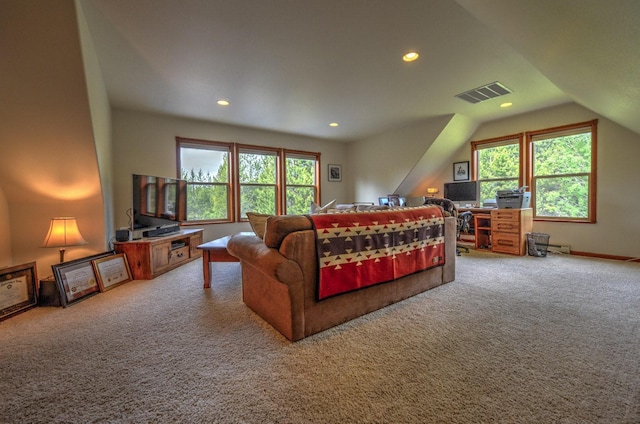 bedroom featuring visible vents, recessed lighting, carpet, and lofted ceiling