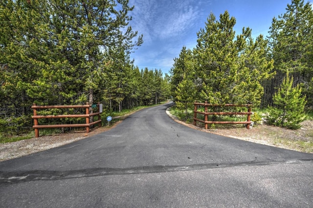 view of road with a forest view