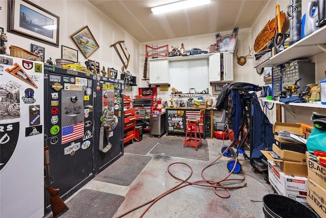 garage featuring a workshop area