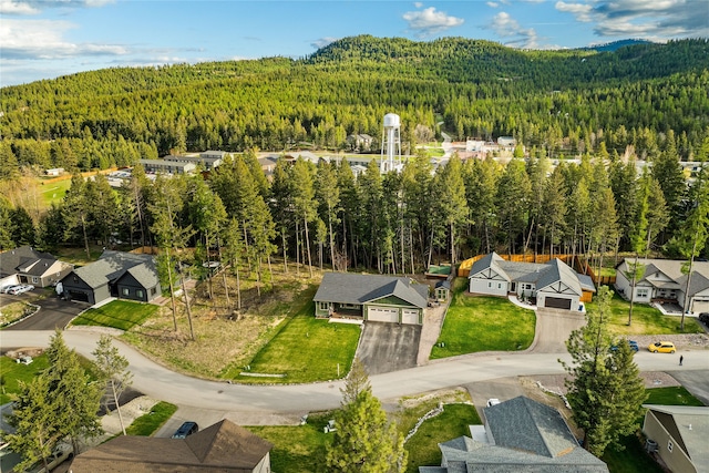 bird's eye view featuring a residential view and a view of trees