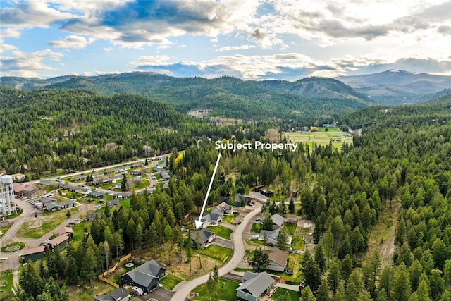 birds eye view of property with a residential view, a mountain view, and a wooded view