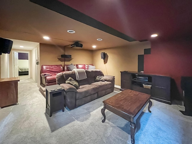cinema with recessed lighting, carpet, and baseboards