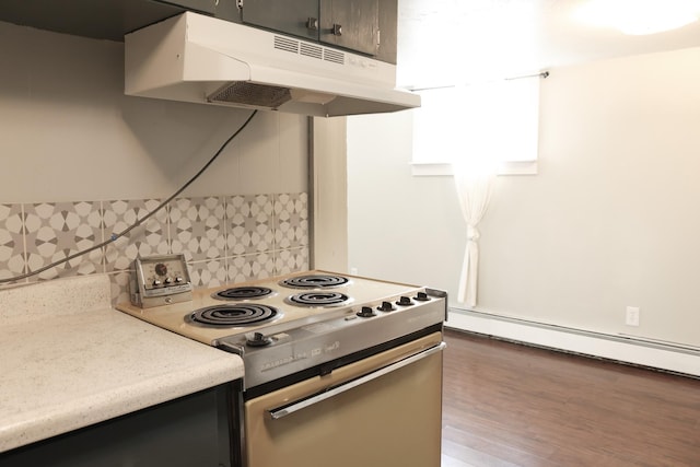 2060 Schilling St, Missoula, MT 59801 - kitchen with light countertops, range with electric cooktop, decorative backsplash, wood finished floors, and under cabinet range hood