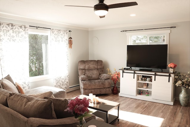 2060 Schilling St, Missoula, MT 59801 - living room featuring a baseboard radiator, ceiling fan, wood finished floors, and a wealth of natural light